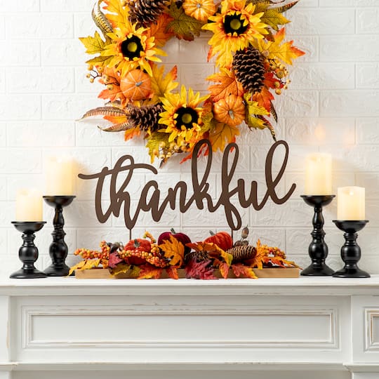 24" GlitzHome® Thankful Floral Tabletop Sign